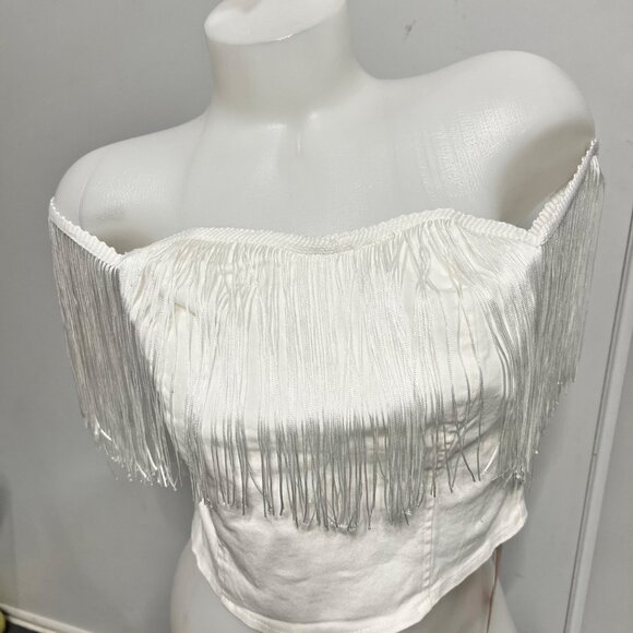 Shein Fringe Wester Off Shoulder White Crop Top Women Size Large - Picture 1 of 13